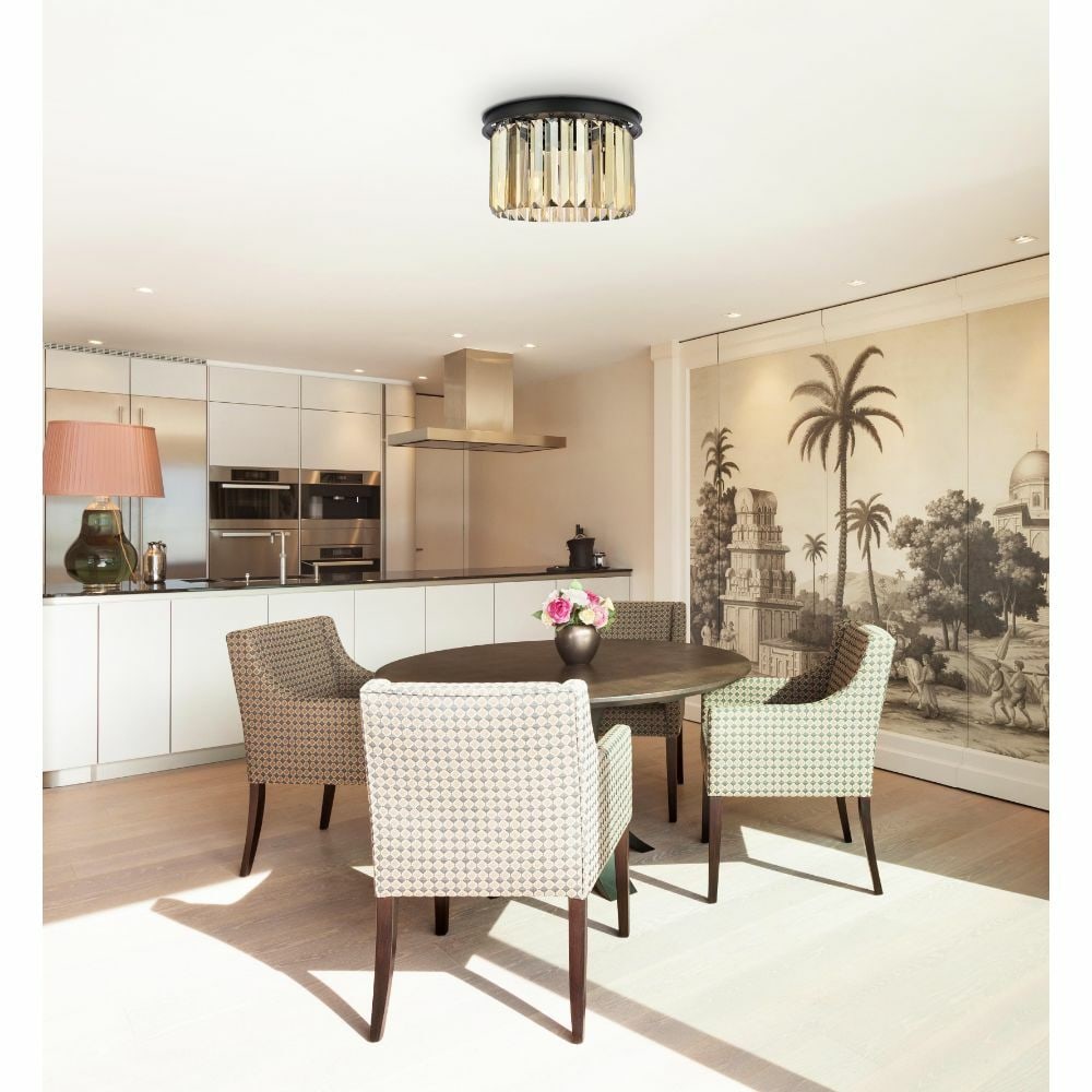 Sydney 3-Light Matte Black Crystal Flush Mount Chandelier 16 inch: Sydney 3-Light Matte Black Crystal Flush Mount Chandelier 16 inch This modern flush mount chandelier features high-quality golden teak crystals set in a matte black iron and steel frame for a contempo