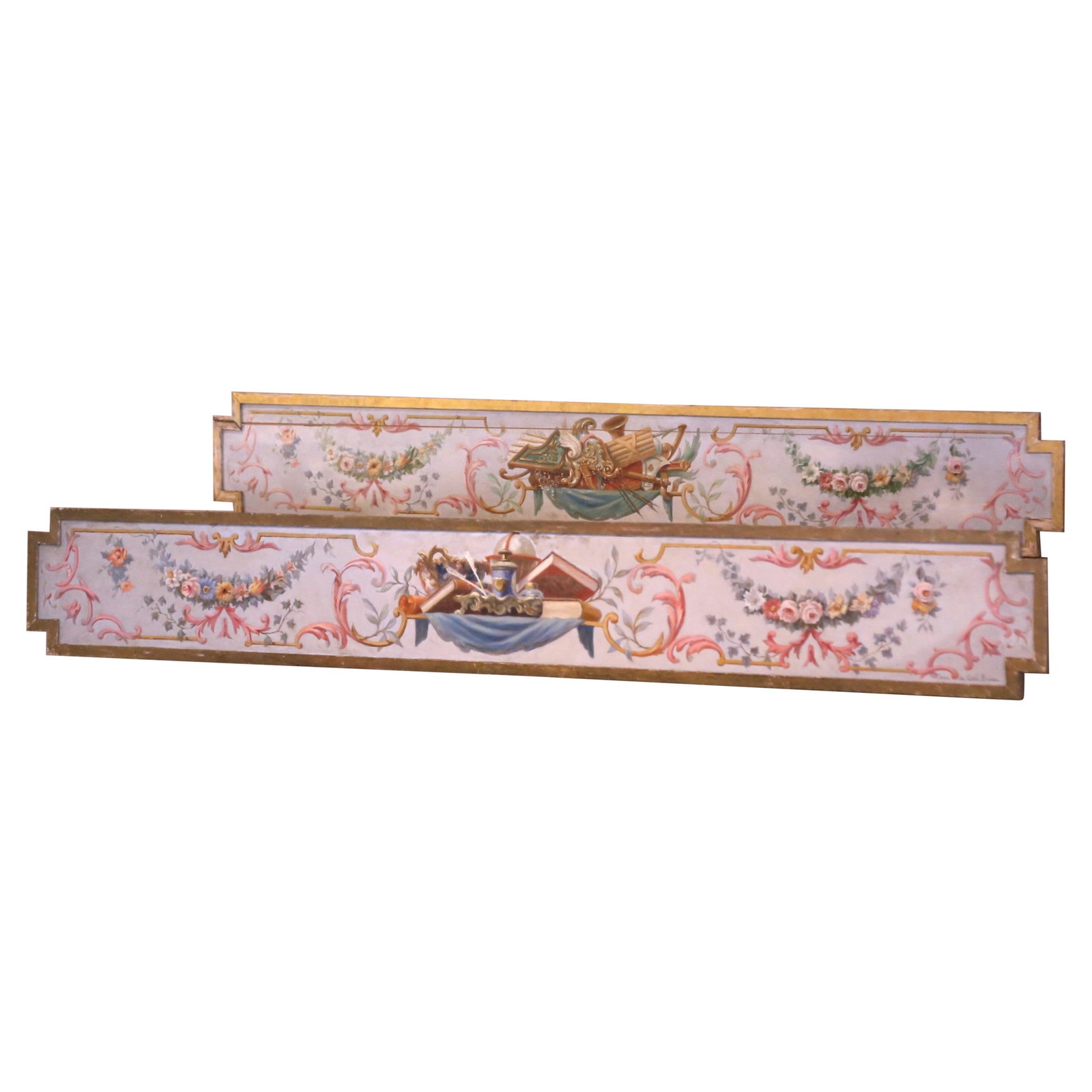 19th Century French Hand-Painted Trompe L'Oeil Wall Panels Set of 2: 19th Century French Hand-Painted Trompe L'Oeil Wall Panels Set of 2 Enhance your living space with this exquisite pair of 19th century French hand-painted wooden trompe l'oeil wall panels. Crafted cir