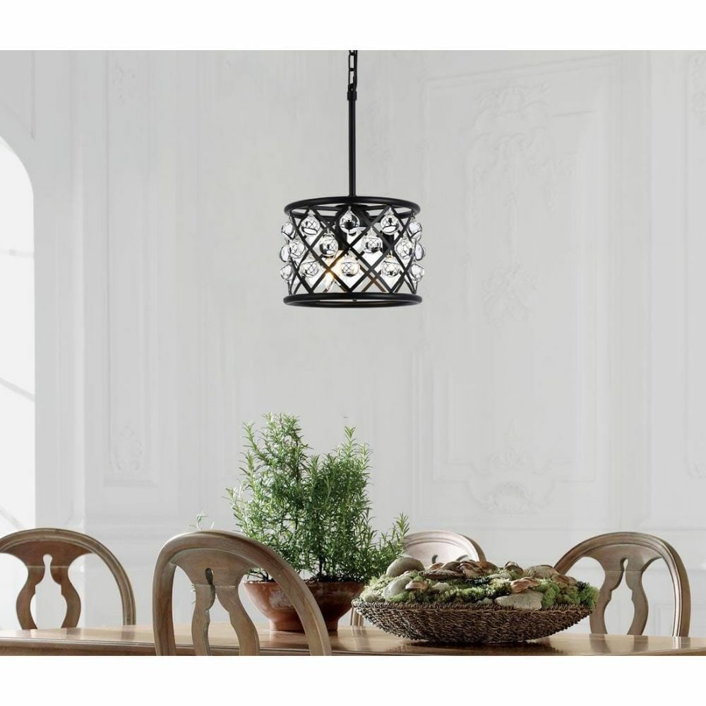 Madison 3-Light Matte Black Crystal Pendant 12 Inch: Madison 3-Light Matte Black Crystal Pendant 12 Inch This modern pendant chandelier features a matte black frame adorned with smooth, clear royal cut crystal balls, creating a striking and elegant ligh
