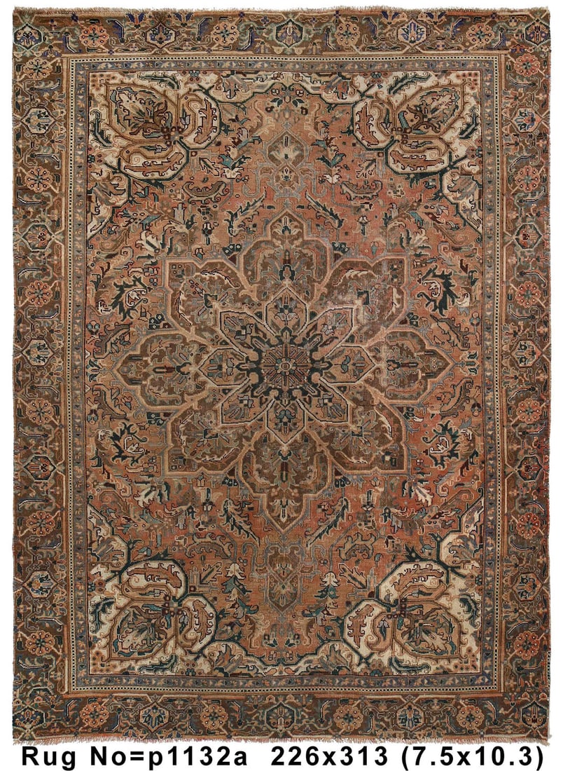 Vintage Persian Heriz Handmade Rug 7.5 x 10.3 Wool Low Pile: Vintage Persian Heriz Handmade Rug 7.5 x 10.3 Wool Low Pile Free continental US Shipping Discover the beauty of timeless craftsmanship with this Vintage Persian Heriz Handmade Rug, measuring 7.5 x 10.