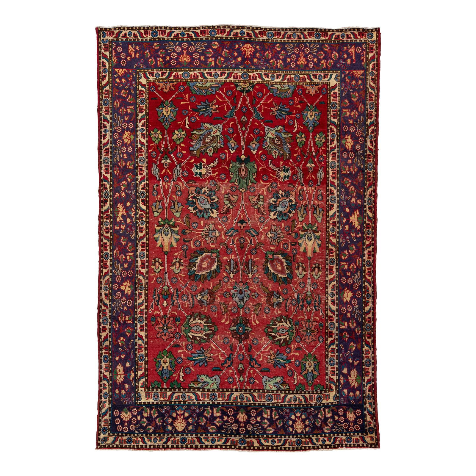 Vintage Persian Tabriz Wool Rug Red Floral Design 6'6 x 9'9: Vintage Persian Tabriz Wool Rug Red Floral Design 6'6 x 9'9 Enhance your space with this exquisite vintage Persian Tabriz wool rug, characterized by a vibrant red field and adorned with multicolored f