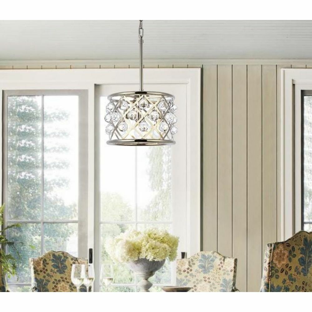 Madison 3 Light Polished Nickel Crystal Ball Pendant 12 Inch: Madison 3 Light Polished Nickel Crystal Ball Pendant 12 Inch This modern pendant chandelier features a polished nickel frame adorned with smooth royal cut crystal balls, creating a striking centerpiec