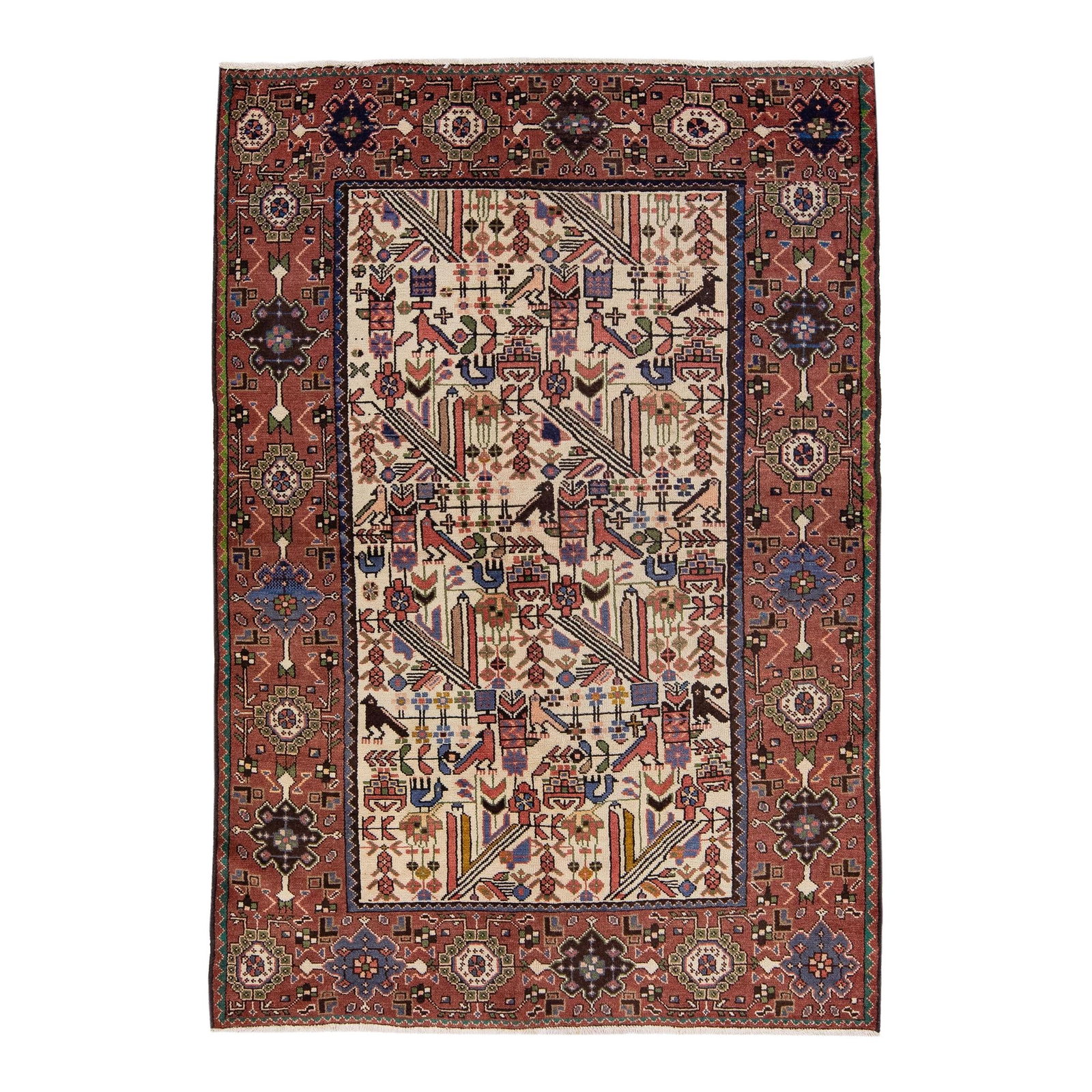 1960s Persian Malayer Handmade Beige Floral Wool Rug 4'2 x 6'4: 1960s Persian Malayer Handmade Beige Floral Wool Rug 4'2 x 6'4 Discover the timeless elegance of this vintage Persian Malayer handmade wool rug. Featuring a soft beige color field adorned with a rose 