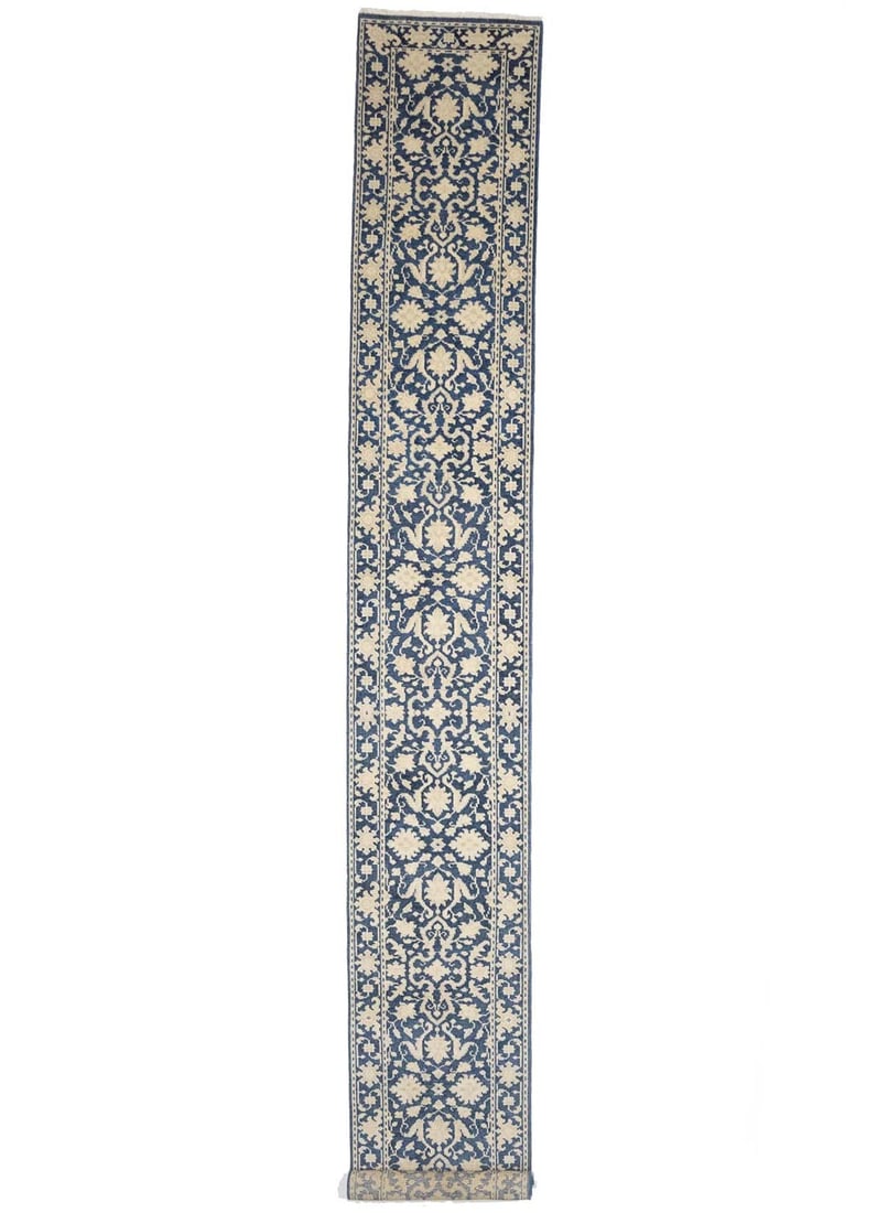 Hand Knotted Wool Floral Runner Rug 2'9 x 20'3 Muted Blue: Hand Knotted Wool Floral Runner Rug 2'9 x 20'3 Muted Blue This hand-knotted runner rug features a muted blue floral pattern, crafted from wool in a transitional style. Designed for hallways or kitchen