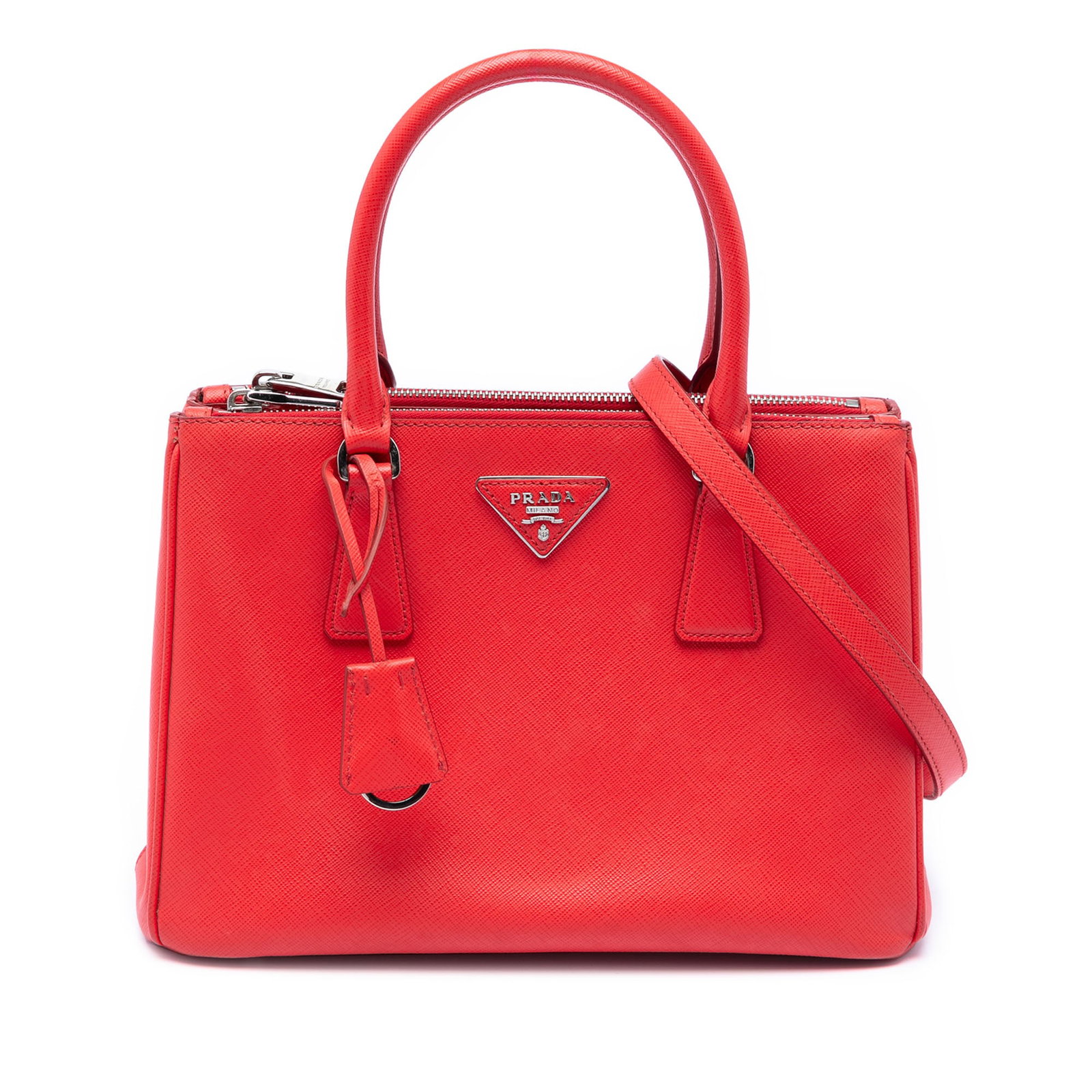 Prada Galleria Double Zip Small Saffiano Lux Leather Satchel: Prada Galleria Double Zip Small Saffiano Lux Leather Satchel This Prada Small Saffiano Lux Galleria Double Zip Satchel is crafted in red leather and made in Italy. The design features rolled leather h