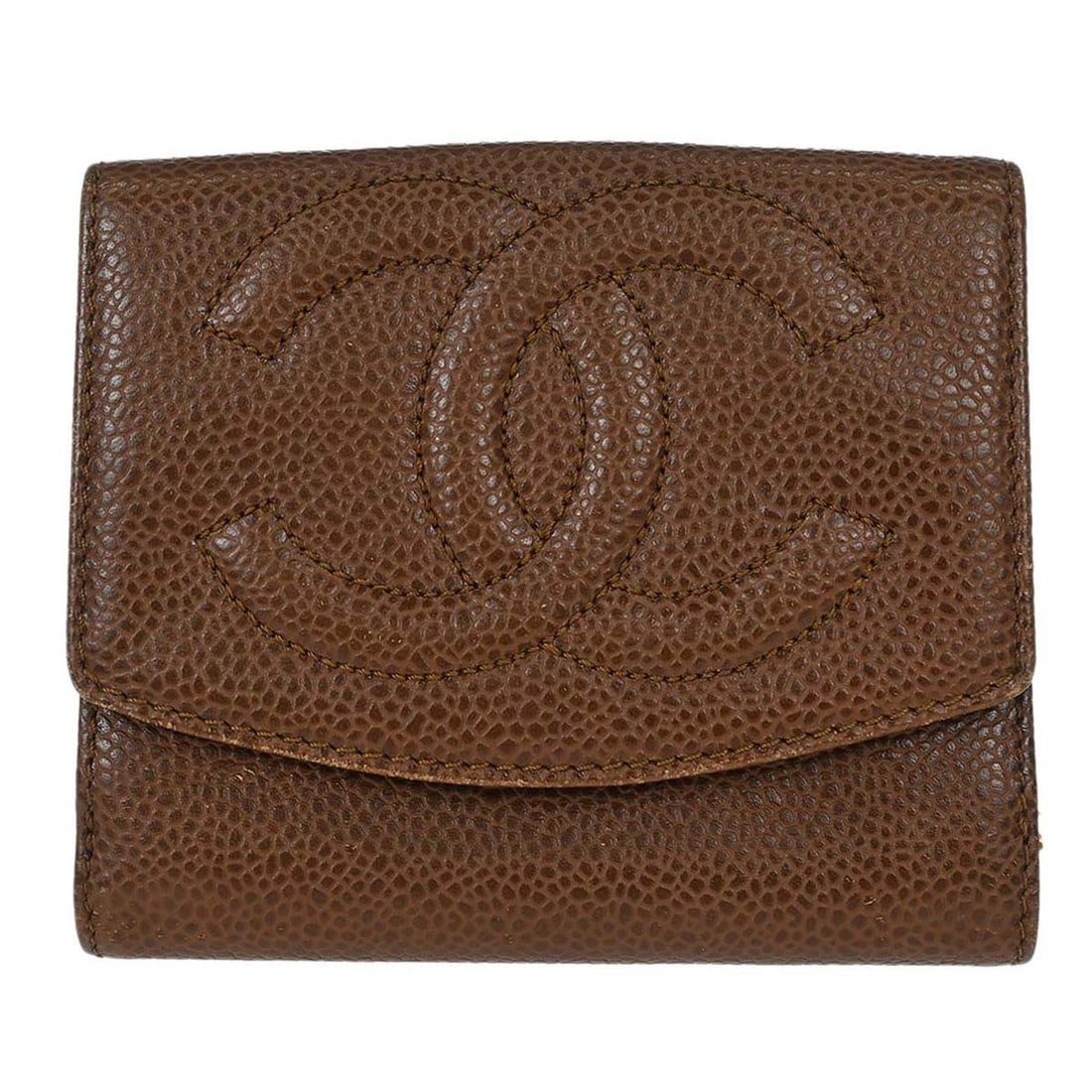 CHANEL CC Brown Leather Folding Wallet Made in Italy: CHANEL CC Brown Leather Folding Wallet Made in Italy Vintage Chanel bifold wallet in brown caviar skin leather with a CC pattern and folding design. The exterior shows edge scuffs, while the interior 
