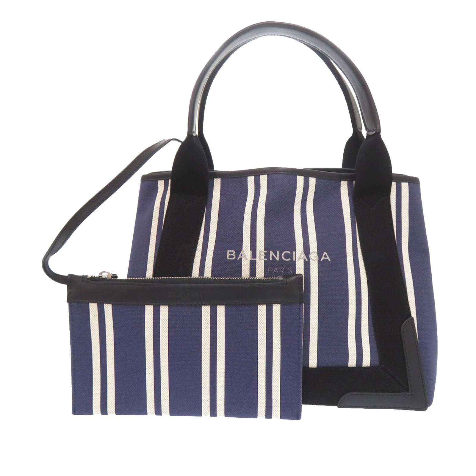 Balenciaga Navy Cabas S Striped Canvas Tote Bag: Balenciaga Navy Cabas S Striped Canvas Tote Bag Balenciaga Navy Cabas S tote bag in striped canvas with flat leather handles, an open top with magnetic snap closure, and an interior zip pocket. Made i
