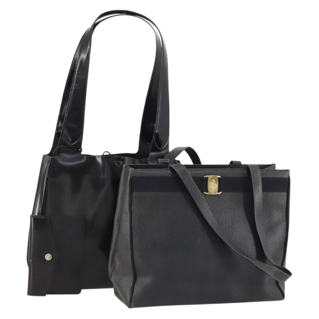 2 Piece Black Leather Tote Bag Set Salvatore Ferragamo with Pouch: 2 Piece Black Leather Tote Bag Set Salvatore Ferragamo with Pouch Salvatore Ferragamo black leather tote bag set for women, made in Italy. This 2-piece set includes a tote bag and pouch. Condition is 