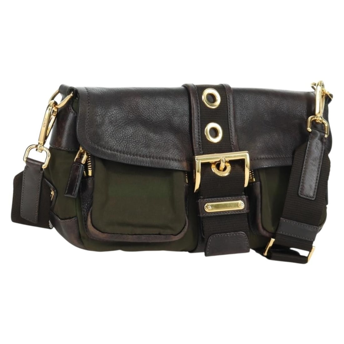 PRADA Nylon Shoulder Bag Khaki Gold with Dust Bag: PRADA Nylon Shoulder Bag Khaki Gold with Dust Bag Prada shoulder bag in khaki nylon with leather trim and gold-tone accents. Made in Italy, this women's bag includes a dust bag and features an adjusta