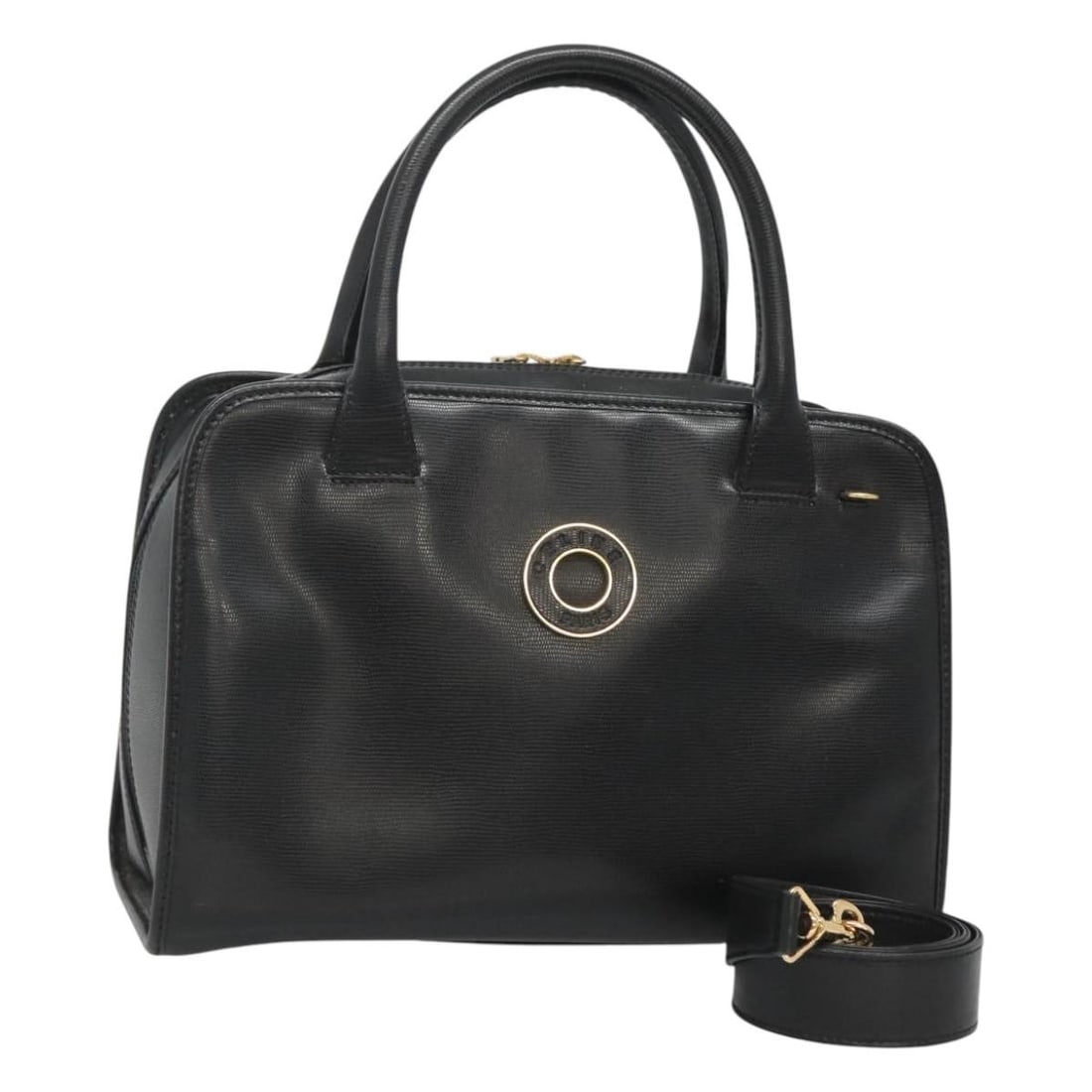 CELINE Black Leather 2way Handbag with Shoulder Strap: CELINE Black Leather 2way Handbag with Shoulder Strap Celine 2-way handbag in black leather with gold-tone accents. Made in Italy, this women's bag includes a shoulder strap for hand or shoulder carry