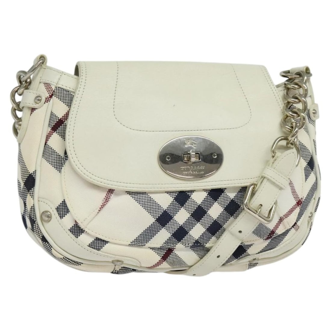 Burberry Blue Label canvas shoulder bag white silver Japan: Burberry Blue Label canvas shoulder bag white silver Japan This Burberry Nova Check Blue Label shoulder bag is crafted from canvas with leather accents in white and silver tones. Designed for women, i
