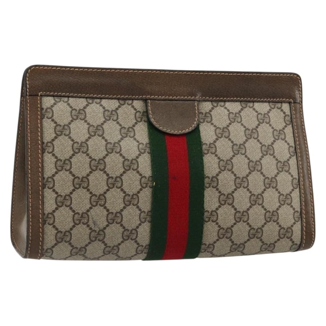 Gucci Sherry Line beige red PVC leather clutch bag: Gucci Sherry Line beige red PVC leather clutch bag This GUCCI GG Supreme Web Sherry Line clutch bag is crafted from PVC leather with GG canvas detailing in beige and red. Designed for women, it featur
