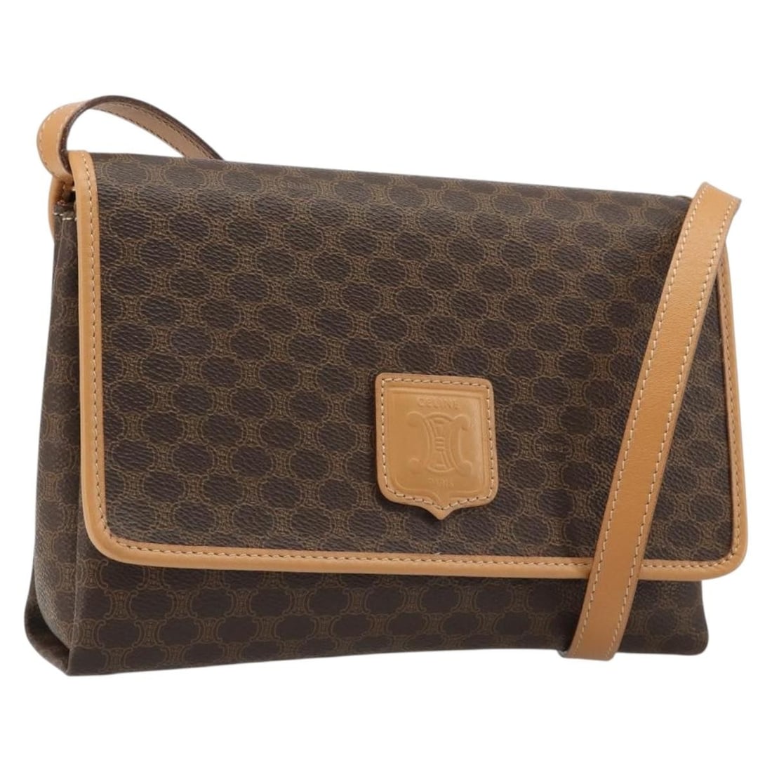 CELINE Macadam Brown PVC Leather Shoulder Bag Gold Tone: CELINE Macadam Brown PVC Leather Shoulder Bag Gold Tone Celine Macadam canvas shoulder bag in brown with gold-tone accents, crafted with PVC leather trim. Made in Italy, this women's shoulder bag is a