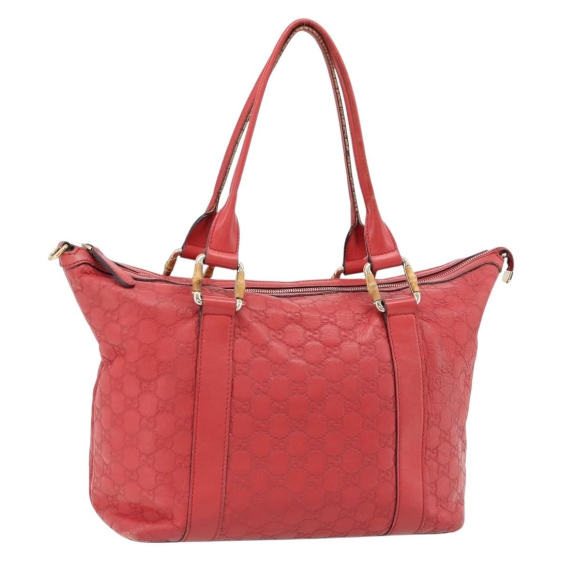 Gucci 339548 Red GG Canvas Leather Bamboo Handbag: Gucci 339548 Red GG Canvas Leather Bamboo Handbag Gucci handbag in red leather and GG canvas with bamboo handle accents and gold-tone detailing. Made in Italy, this women's bag is a heavily used piece