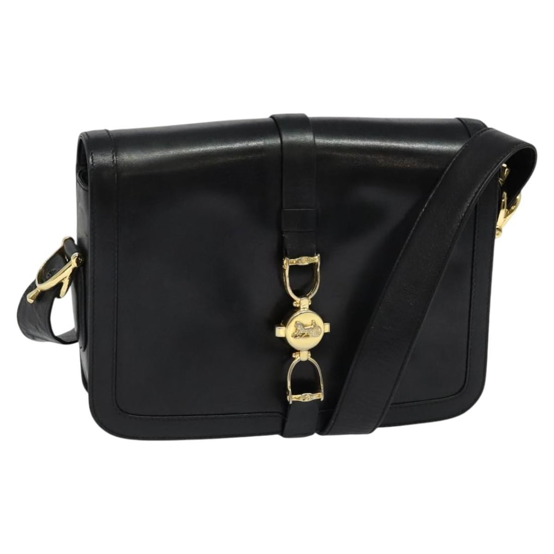 CELINE Black Leather Shoulder Bag with Gold Tone Hardware: CELINE Black Leather Shoulder Bag with Gold Tone Hardware Authentic CELINE shoulder bag in black leather with gold-tone accents, made in Italy. This women's bag is offered without the original box or 