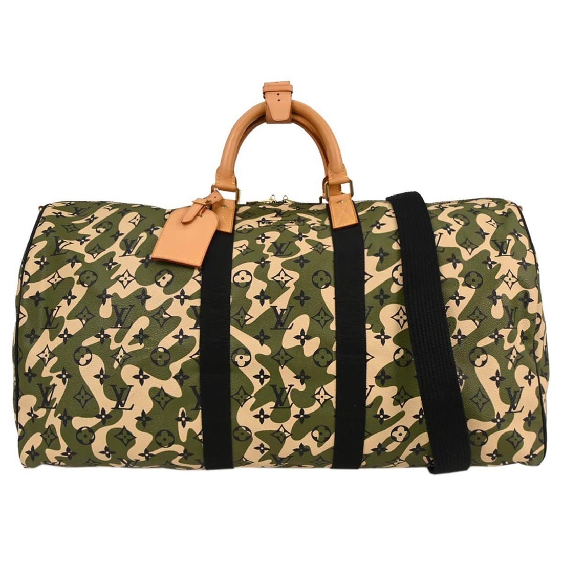 Louis Vuitton Keepall Bandouliere 55 Monogramouflage Duffle Bag M95774: Louis Vuitton Keepall Bandouliere 55 Monogramouflage Duffle Bag M95774 Louis Vuitton Monogramouflage Keepall Bandouliere 55 duffle bag in green, beige, and black Monogramouflage canvas with leather tr