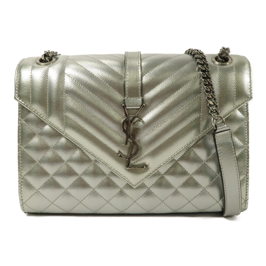 Saint Laurent Envelope Medium Shoulder Bag Silver Calfskin 487206: Saint Laurent Envelope Medium Shoulder Bag Silver Calfskin 487206 Saint Laurent Envelope Chain medium shoulder bag crafted in calfskin with a silver exterior. Made in Italy, this women's shoulder bag 