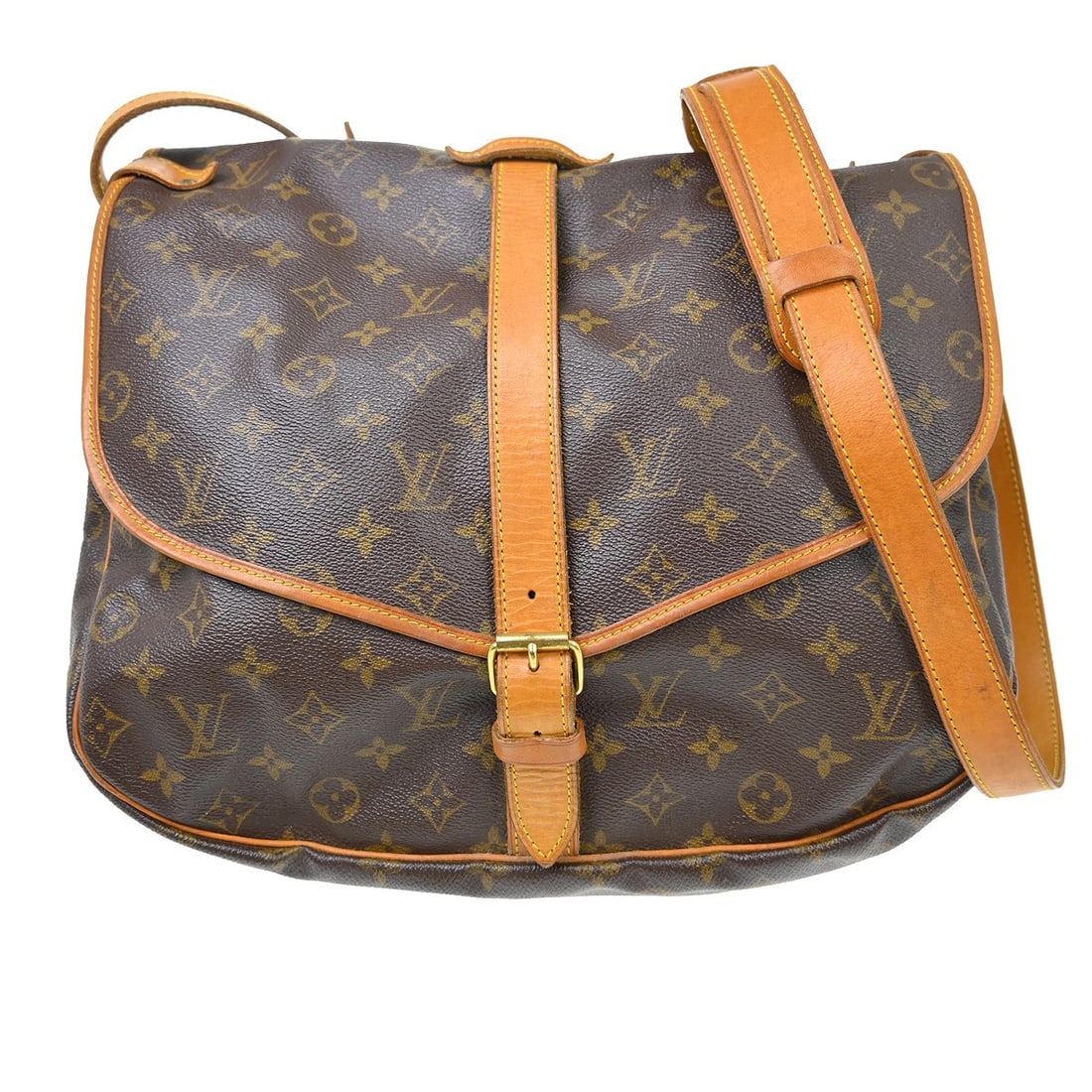 Louis Vuitton Saumur 35 Monogram Canvas Crossbody Bag M42254: Louis Vuitton Saumur 35 Monogram Canvas Crossbody Bag M42254 Vintage Louis Vuitton Saumur 35 shoulder bag in brown monogram canvas and leather. This unisex bag features a buckle closure, crossbody-sty
