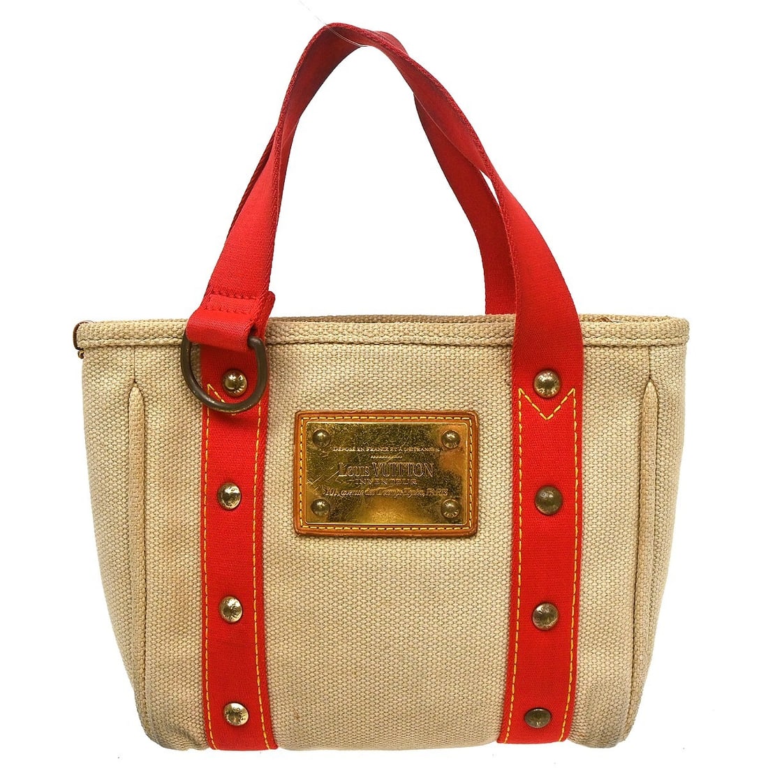 Louis Vuitton Antigua Cabas PM Beige Canvas Tote M40038: Louis Vuitton Antigua Cabas PM Beige Canvas Tote M40038 Vintage Louis Vuitton Antigua Cabas PM tote bag in beige canvas with red double handles and a zip closure. The bag features one interior pocket 
