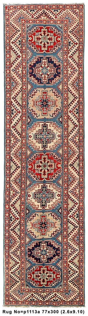 Handmade Wool Kazak Runner Rug 2'6" x 9'10" Blue: Handmade Wool Kazak Runner Rug 2'6" x 9'10" Blue Free continental US Shipping Introducing our exquisite Handmade Wool Genuine Kazak Rug in a stunning blue hue, measuring 2'6" x 9'10". This beautiful r