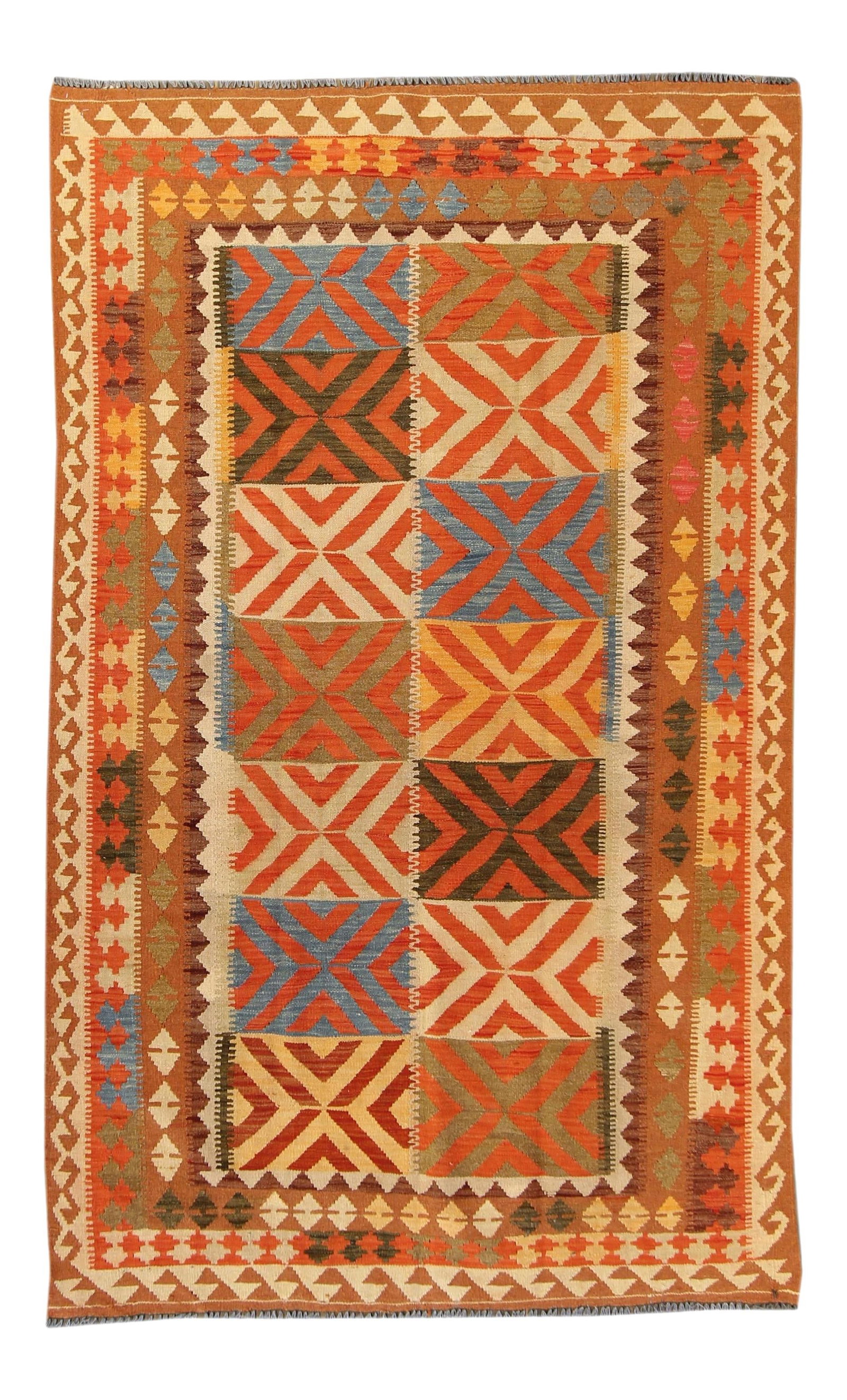 Hand-Knotted Wool Kilim Rug with Geometric Design 5'1 X 8'3: Hand-Knotted Wool Kilim Rug with Geometric Design 5'1 X 8'3 Enhance your living space with this exquisite hand-knotted Kilim rug, showcasing a modern geometric design. Crafted from high-quality wool, 