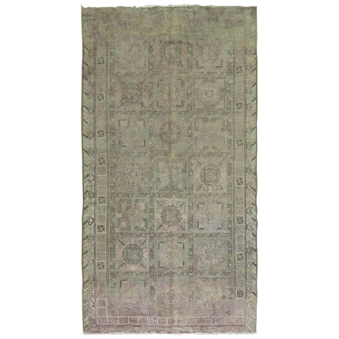 20th Century Wool Khotan Gallery Rug Faded Grays and Pinks: 20th Century Wool Khotan Gallery Rug Faded Grays and Pinks This antique Khotan Samarkand rug features a distressed shabby chic aesthetic with a gallery size layout. Crafted from wool in East Turkestan
