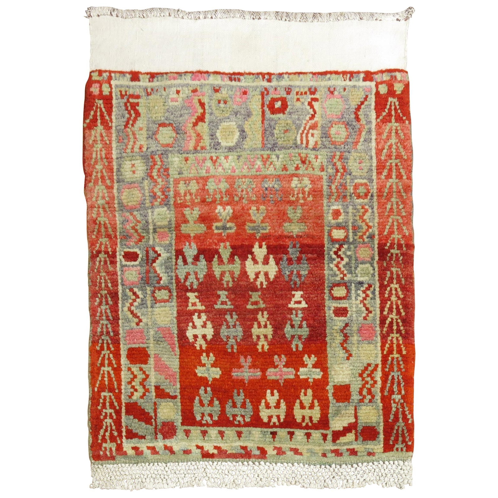 Zabihi Collection Vintage Red Turkish Anatolian Rug with Kilim Fringe 33 x 44: Zabihi Collection Vintage Red Turkish Anatolian Rug with Kilim Fringe 33 x 44 Discover the beauty of this unique Zabihi Collection Red Turkish Anatolian Rug, a vintage masterpiece that adds a touch of