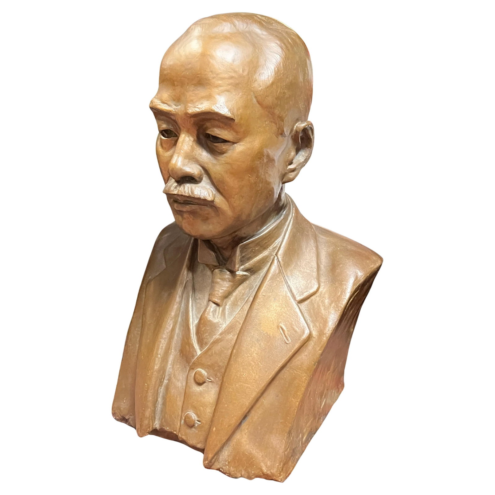 1928 Patinated Bronze Bust Signed Seiyo Japanese Figure in Western Dress: 1928 Patinated Bronze Bust Signed Seiyo Japanese Figure in Western Dress This patinated bronze bust depicts a distinguished Japanese gentleman in western attire. Signed Seiyo and dated 1928, the piece