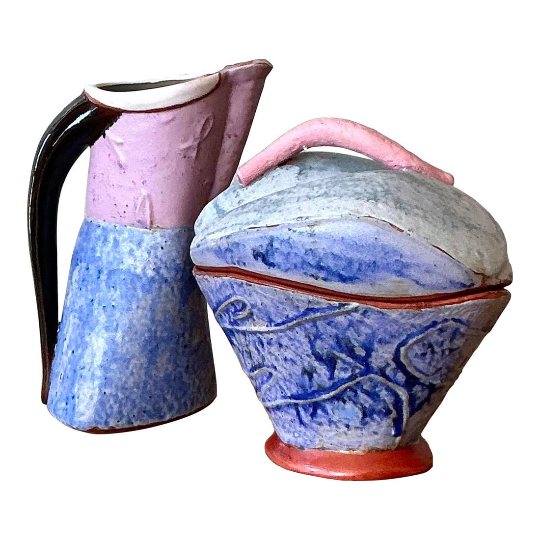 Handcrafted Abstract Studio Pottery Creamer and Sugar Set Vintage Boho Style: Handcrafted Abstract Studio Pottery Creamer and Sugar Set Vintage Boho Style This vintage studio pottery cream and sugar set showcases a distinctive Postmodern abstract design with a sculptural, hand-