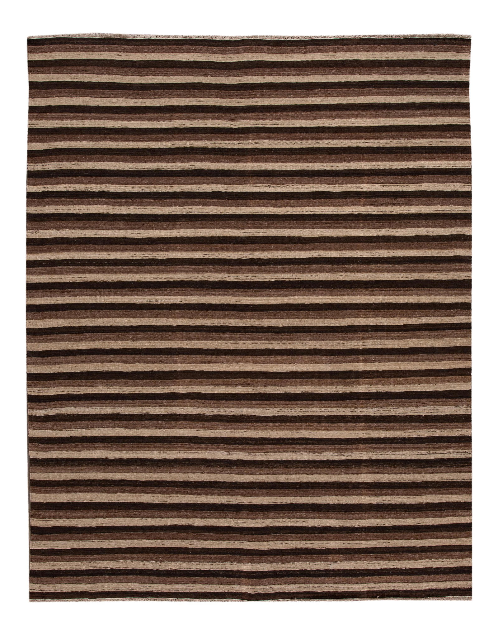 Contemporary Hand-Knotted Wool Kilim Rug 9'3 x 11'11 Brown Stripes: Contemporary Hand-Knotted Wool Kilim Rug 9'3 x 11'11 Brown Stripes Enhance your space with this stunning hand-knotted contemporary flatweave kilim wool rug. Featuring a striking all-over design with b