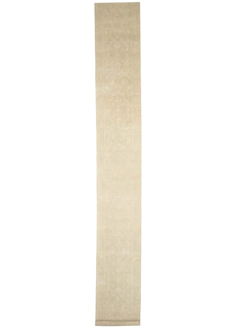 Handmade 2'6 x 19'9 Wool Runner Rug with Beige Floral Transitional Design: Handmade 2'6 x 19'9 Wool Runner Rug with Beige Floral Transitional Design This transitional hand-knotted runner rug features a muted floral design in beige, cream, taupe, and other subtle tones. Craft
