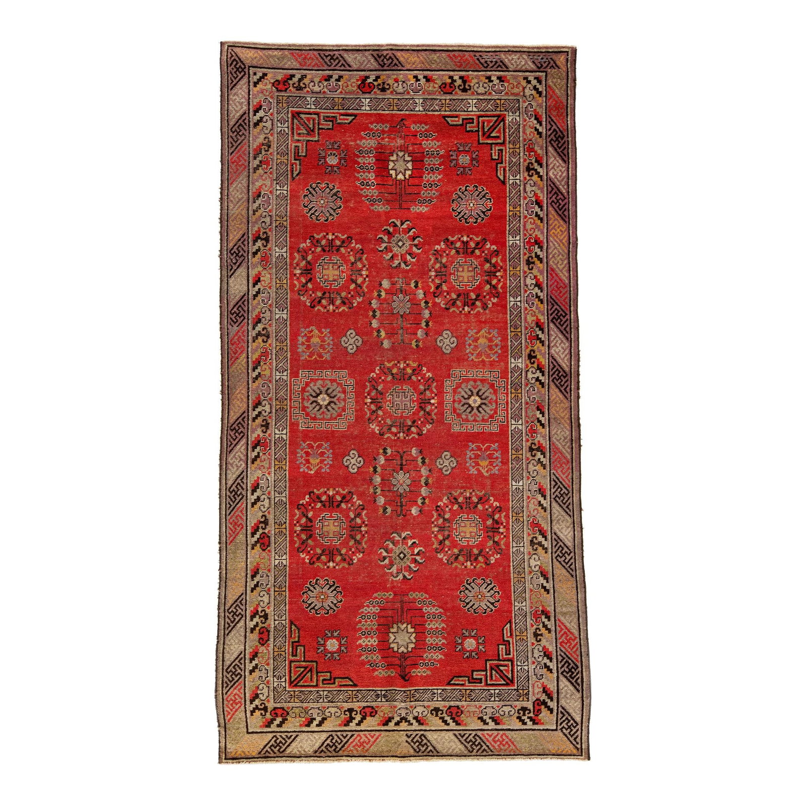 Vintage Khotan Hand-Knotted Wool Rug Red Tribal Design 4'3 x 8'6: Vintage Khotan Hand-Knotted Wool Rug Red Tribal Design 4'3 x 8'6 Experience the allure of the 1960s with this beautiful vintage Khotan hand-knotted wool rug. Featuring a vibrant red field, this rug sh
