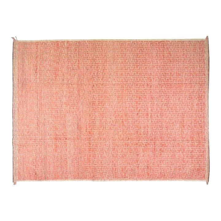 9'4" x 12'10" Wool Azilal Area Rug with Abstract Moroccan Design: 9'4" x 12'10" Wool Azilal Area Rug with Abstract Moroccan Design This Moroccan Azilal hand knotted wool rug features an abstract design in red. Crafted from wool, it is a pre-owned piece that adds a t