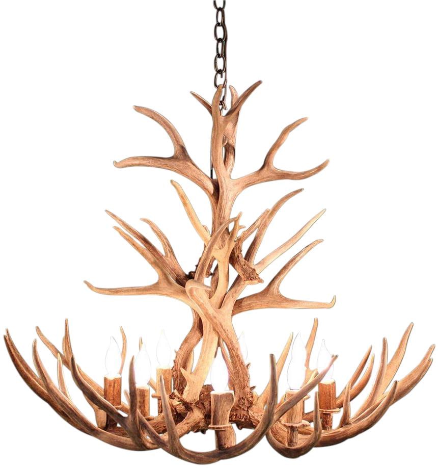 Custom 8-Light Mule Deer Antler Chandelier Lodge Style: Custom 8-Light Mule Deer Antler Chandelier Lodge Style Illuminate your space with this exquisite handcrafted 8-light antler chandelier, featuring genuine mule deer antlers for a rustic lodge-style aes
