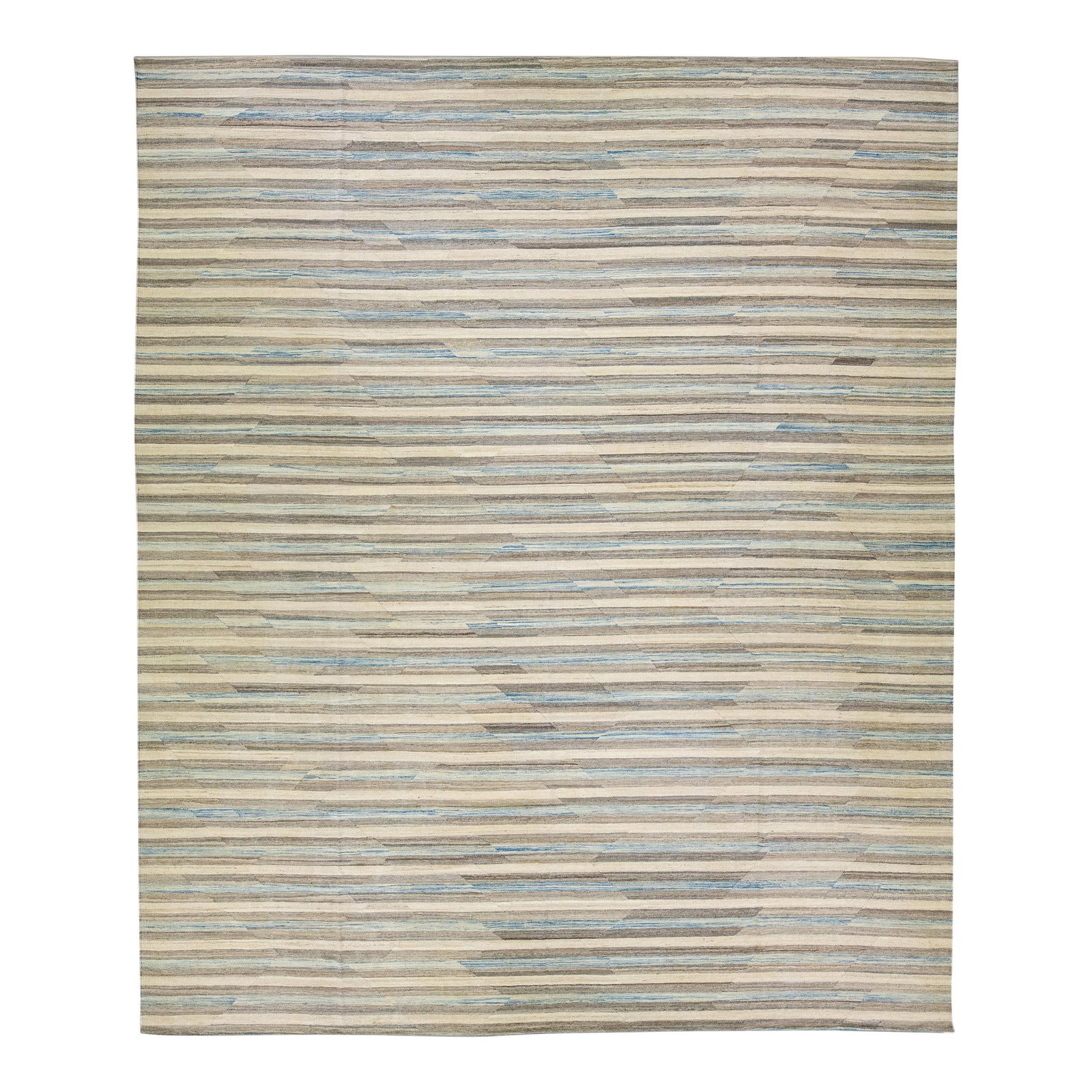 Beige Modern Kilim Abstract Wool Rug 13'2 x 16'1 Handmade: Beige Modern Kilim Abstract Wool Rug 13'2 x 16'1 Handmade Enhance your living space with this stunning beige modern Kilim flat-weave rug, expertly handmade from wool. Featuring a captivating Abstract 