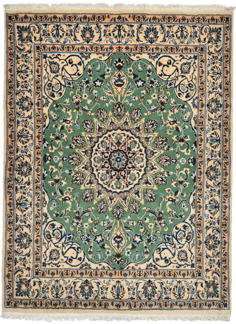 Wool Hand-Knotted Floral Vintage Area Rug Green Medallion 4'10 x 6'6: Wool Hand-Knotted Floral Vintage Area Rug Green Medallion 4'10 x 6'6 This handmade vintage Oriental rug features a green floral medallion with classic styling. Crafted from hand-knotted wool, the rug 