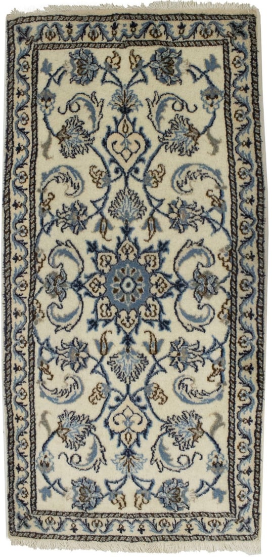 Handmade 2'2 x 4'7 Nain Oriental Wool Rug Floral Design: Handmade 2'2 x 4'7 Nain Oriental Wool Rug Floral Design This exquisite Handmade Nain Oriental Rug features a classic floral design, showcasing a harmonious blend of cream, beige, blue, and dark navy c