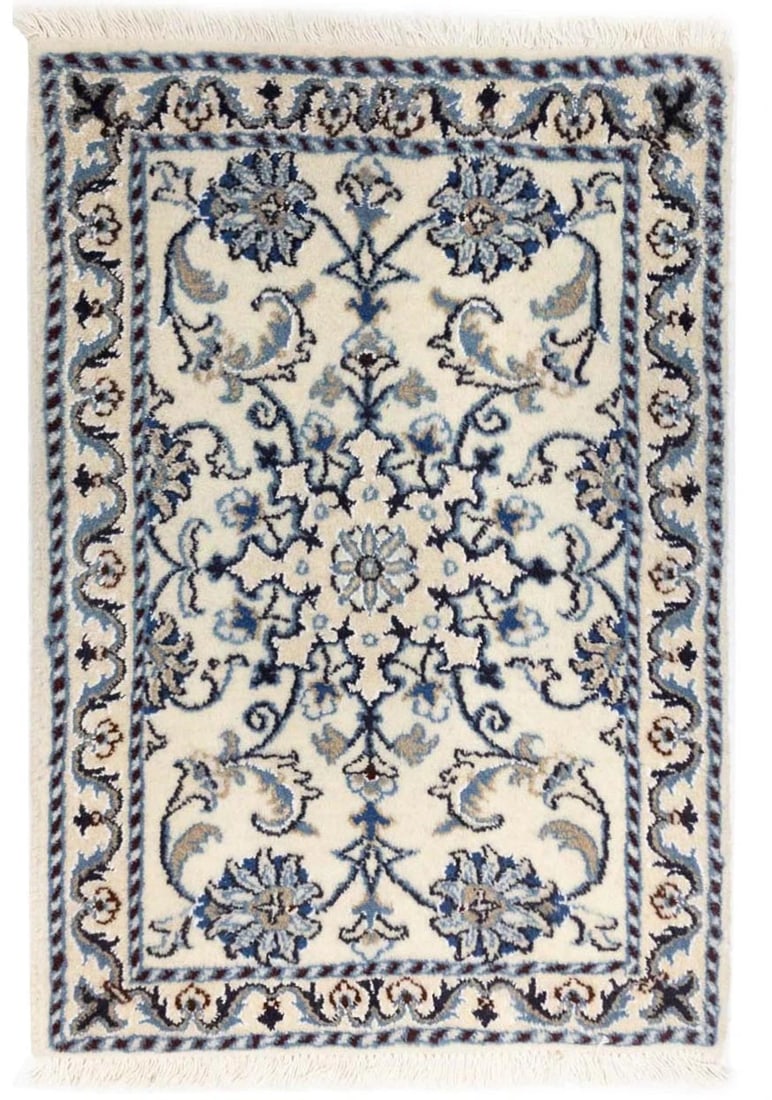 2x3 Foot Wool Indo-Nain Area Rug with Cream Floral Pattern: 2x3 Foot Wool Indo-Nain Area Rug with Cream Floral Pattern This handmade Indo-Nain area rug features a traditional vintage floral design in cream, blue, brown, maroon, red, and purple-navy tones. Expe