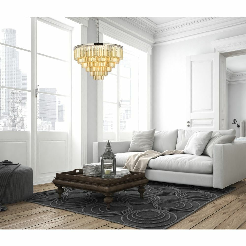 Sydney 33 Light Crystal Chandelier Polished Nickel 44 Inch: Sydney 33 Light Crystal Chandelier Polished Nickel 44 Inch This large, modern crystal chandelier features 33 lights and a polished nickel frame adorned with high-quality golden teak crystals. The fixt