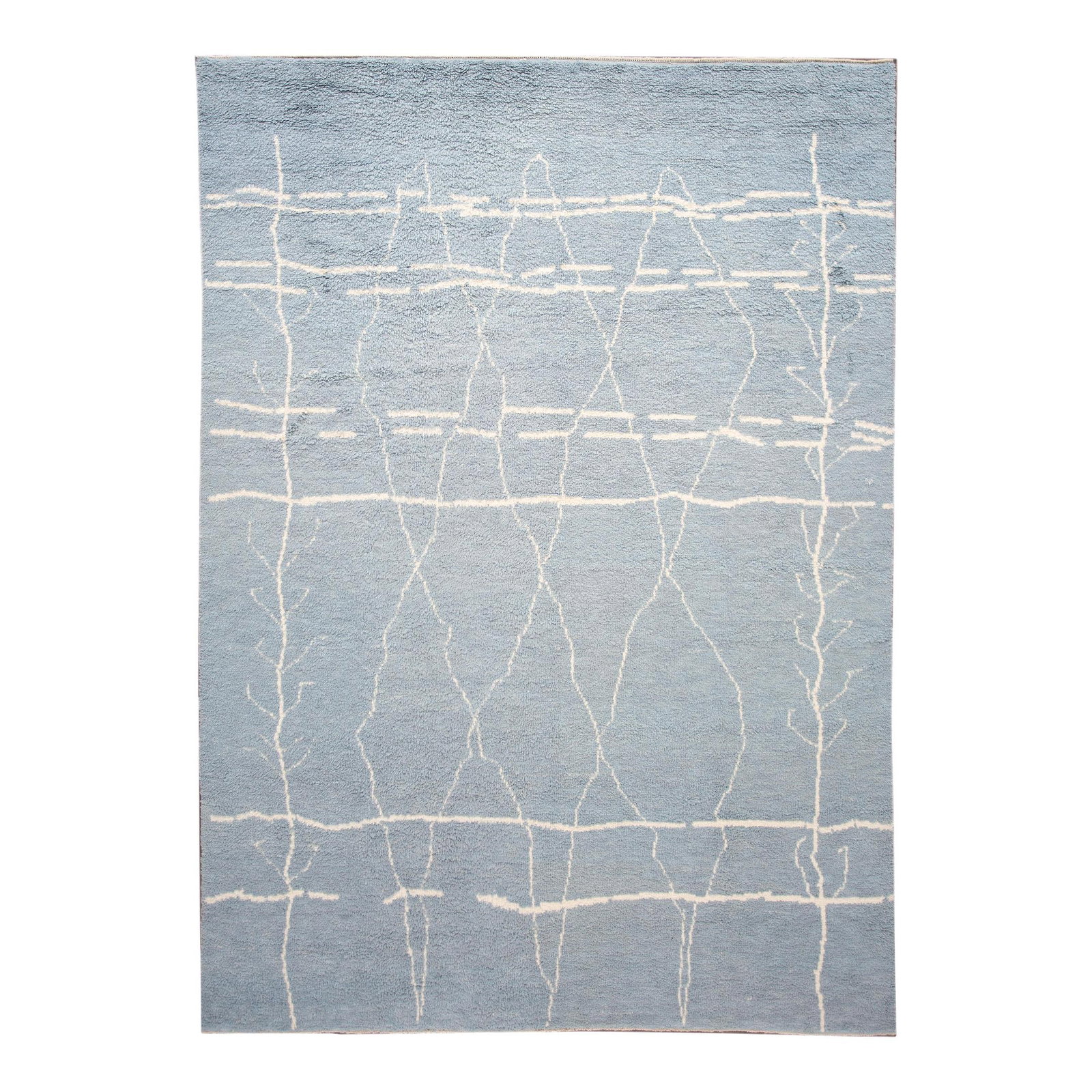 Handmade Gray Moroccan Wool Rug 8'9 x 12' Tribal Design: Handmade Gray Moroccan Wool Rug 8'9 x 12' Tribal Design Enhance your space with this stunning contemporary Moroccan-style wool rug, showcasing a beautiful light blue field adorned with ivory accents i