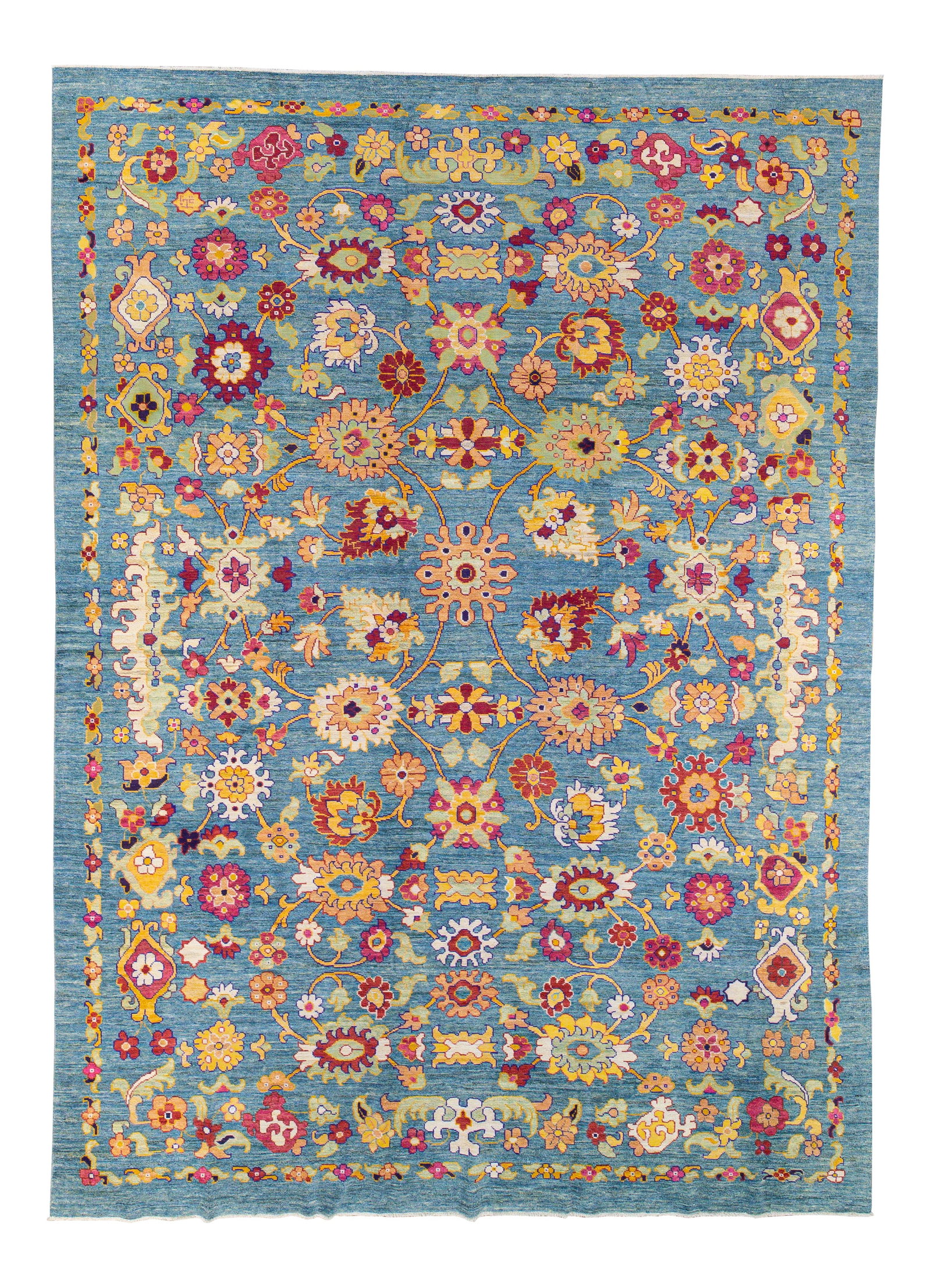 Oversized Modern Oushak Handmade Blue Wool Tribal Floral Rug 11'9 x 16'3 (1 of 10)