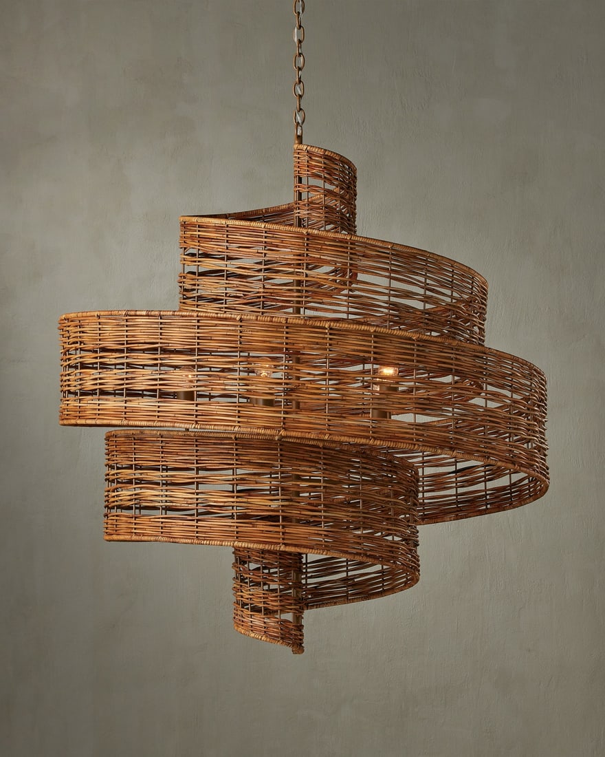 Currey Saisei Grande Natural Rattan Chandelier Adjustable Height 52H: Currey Saisei Grande Natural Rattan Chandelier Adjustable Height 52H Illuminate your space with the Saisei Grande Modern Natural Chandelier. This stunning chandelier features a unique combination of n