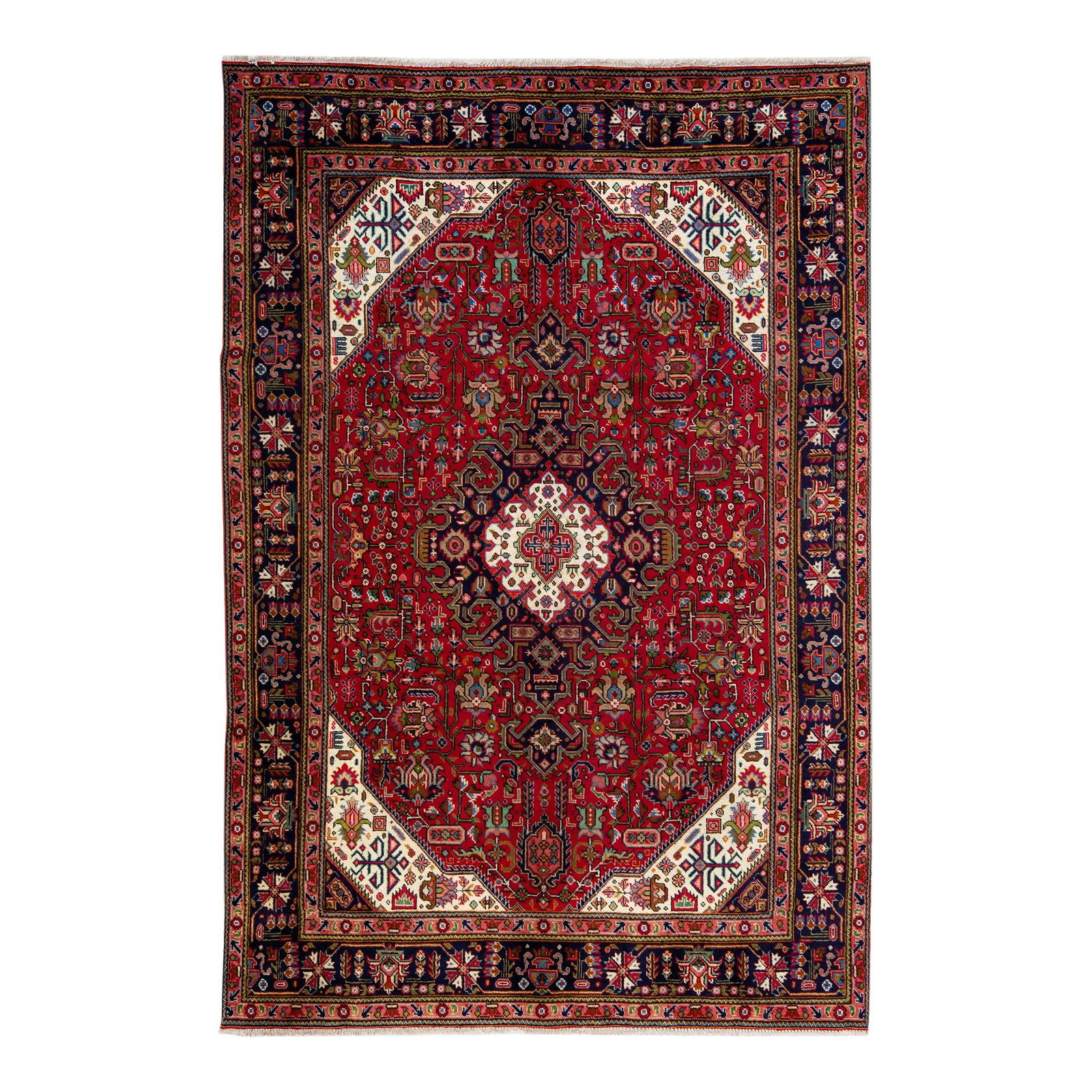 Vintage Persian Tabriz Red Wool Rug 6'5" x 9'8" Medallion Design: Vintage Persian Tabriz Red Wool Rug 6'5" x 9'8" Medallion Design Discover the charm of a beautiful vintage Persian Tabriz hand-knotted wool rug featuring a striking red color field. This exquisite pie