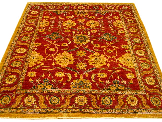5'4 x 6' Hand-Knotted Chobi Peshawar Rug Burgundy Gold Ziegler Design: 5'4 x 6' Hand-Knotted Chobi Peshawar Rug Burgundy Gold Ziegler Design Free continental US Shipping Transform your living space with the exquisite 5' 4" x 6' Chobi Peshawar Rug in Burgundy Gold. Hand-k