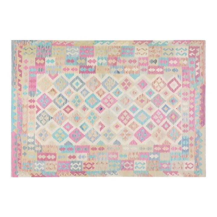 6'8 x 9'7 Wool Maimana Kilim Flatweave Rug with Geometric Design: 6'8 x 9'7 Wool Maimana Kilim Flatweave Rug with Geometric Design This Afghan Maimana flatweave kilim rug features a geometric pattern in natural colors, crafted from wool. It is pre-owned and showcase