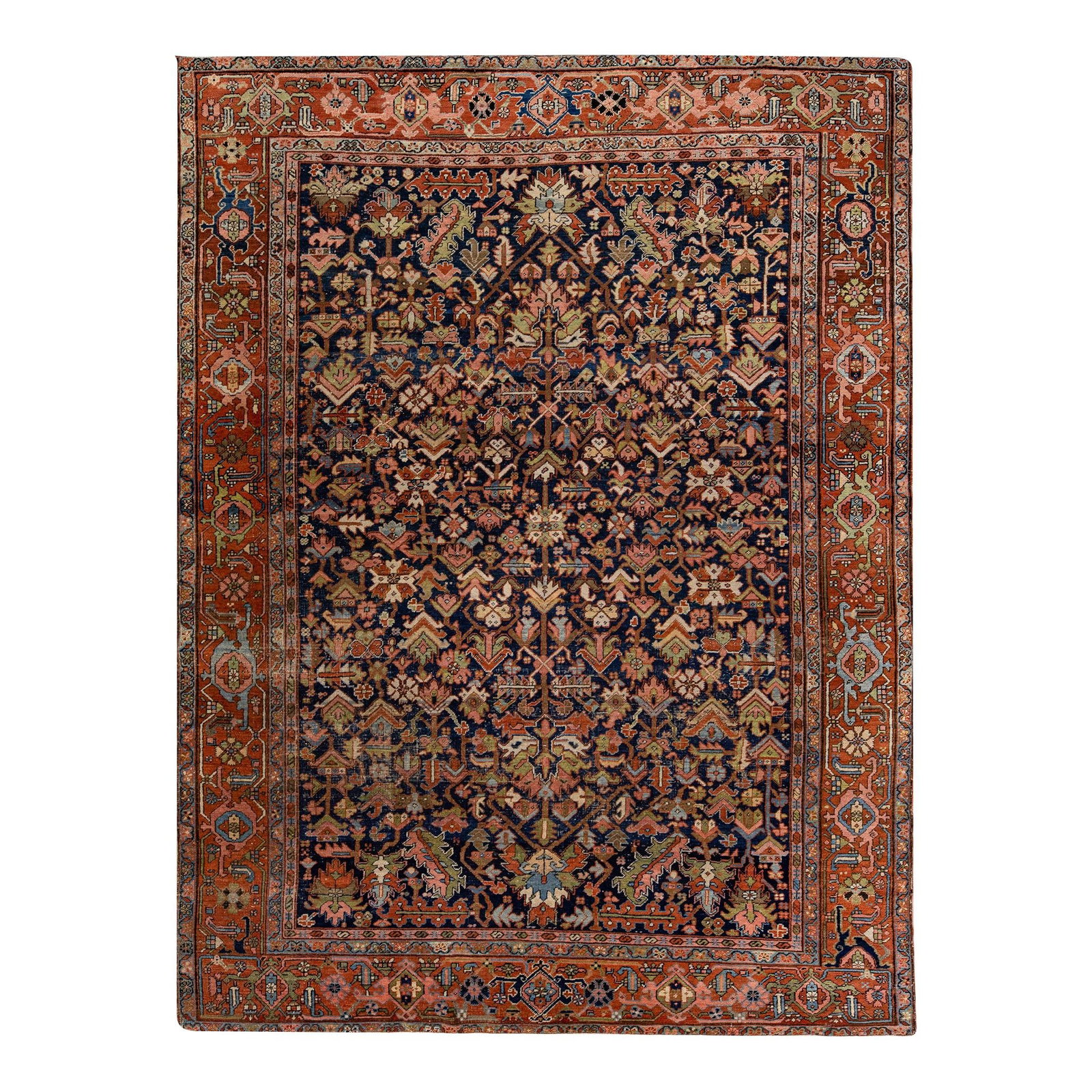 Antique Heriz Serapi Blue Wool Rug 8'10 x 12'1 Floral Design: Antique Heriz Serapi Blue Wool Rug 8'10 x 12'1 Floral Design Enhance your space with this exquisite antique Heriz Serapi hand-knotted wool rug, featuring a captivating blue field. The design showcases