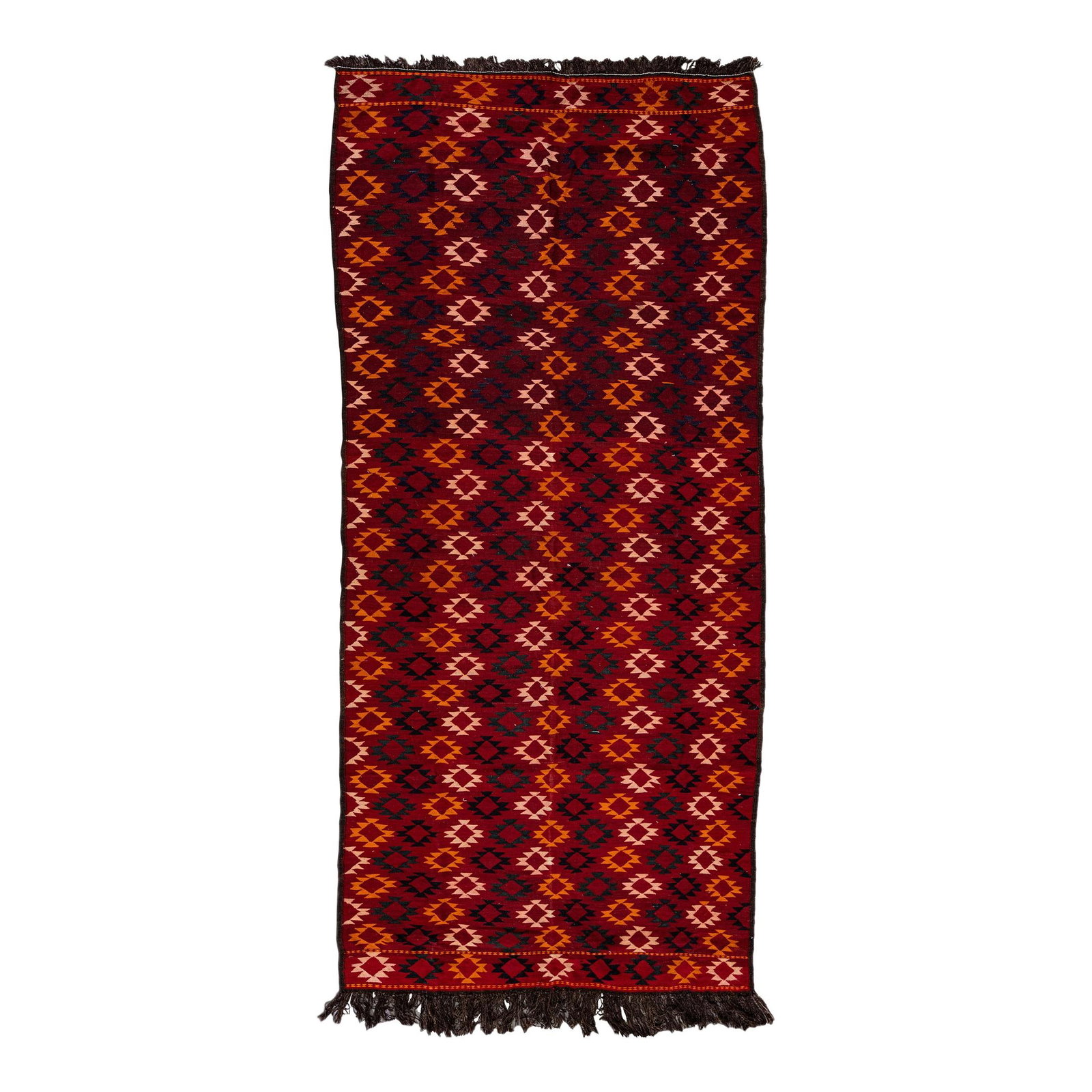 Vintage Kilim Handmade Wool Runner Red Geometric Design 5'8 x 12'4: Vintage Kilim Handmade Wool Runner Red Geometric Design 5'8 x 12'4 Discover the elegance of this vintage kilim handmade wool runner, featuring a vibrant red field adorned with an intricate all-over ge
