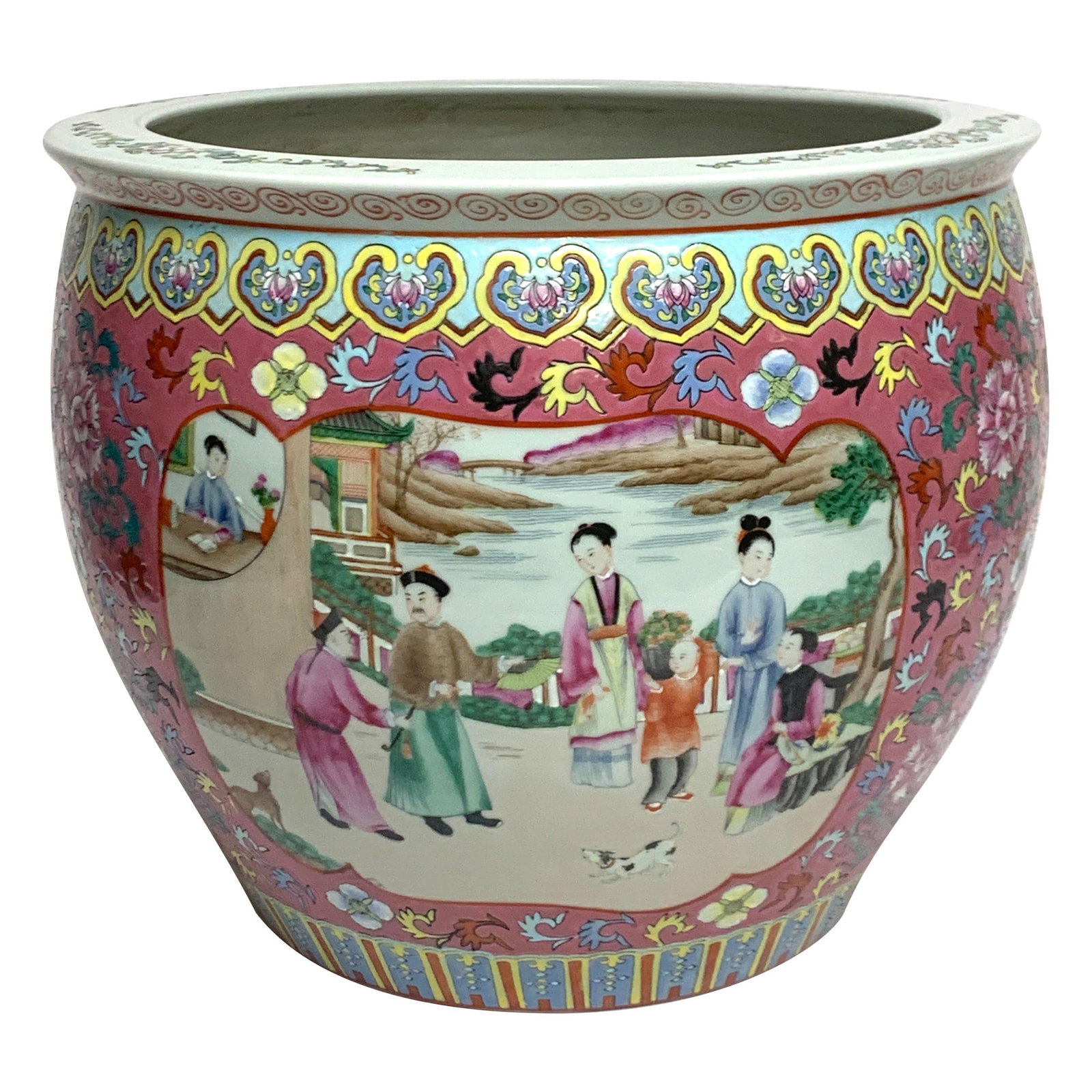 Chinese Famille Verte Fishbowl 12.5in Porcelain Court Scenes: Chinese Famille Verte Fishbowl 12.5in Porcelain Court Scenes This exquisite Fine Chinese Famille Verte fishbowl features a vibrant plum enameled background adorned with two elegantly painted court sce
