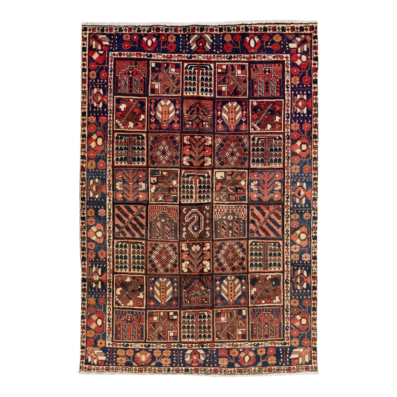 Antique Bakhtiari Handmade Multicolor Wool Rug 6'7 x 9'9: Antique Bakhtiari Handmade Multicolor Wool Rug 6'7 x 9'9 Discover the beauty of this Antique Bakhtiari hand-knotted wool rug, featuring a stunning rust color field complemented by a classic all-over m