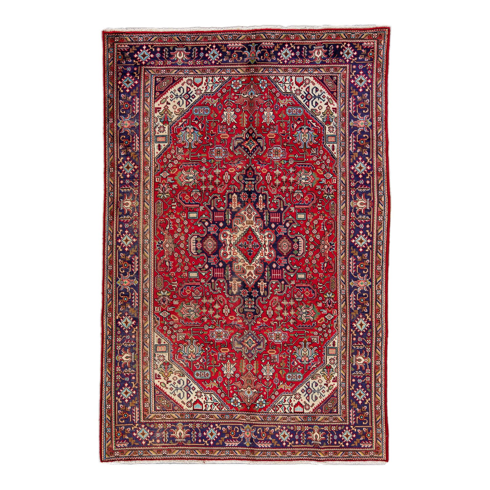 Vintage Persian Red Medallion Hand-Knotted Wool Rug 6'5" x 9'8": Vintage Persian Red Medallion Hand-Knotted Wool Rug 6'5" x 9'8" Enhance your living space with this exquisite Vintage Handmade Persian Wool Rug. Featuring a striking red field adorned with a multicolo